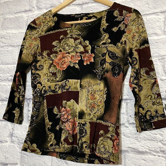 BRITTANY Black 3/4 Sleeve Floral and Ribbed Detailed Top Size Unknown - Picture 3 of 8
